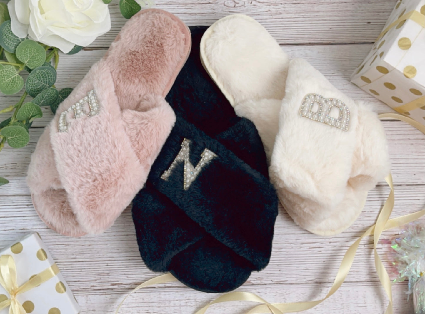 Personalised pearl fluffy slippers